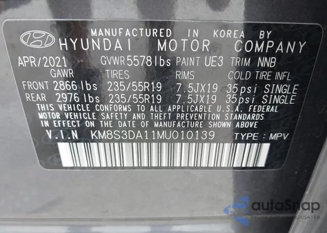 2021 Hyundai Santa Fe Hybrid Sel Premium from USA, damaged, VIN KM8S3DA11MU010139